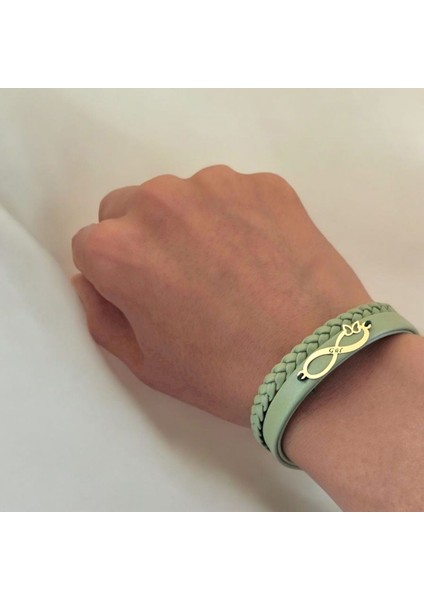 Gül İsmine Özel 14 Ayar Altın Plakalı Zeytin Yeşili Derili Sonsuzluk Motifli Bileklik-490İsim fırsatları