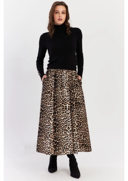 Kadın Camel-Siyah Leopar Çan Etek ELA3951