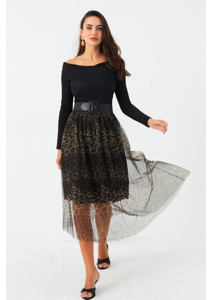 Kadın Camel-Siyah Astarlı Tül Leopar Etek SF2553