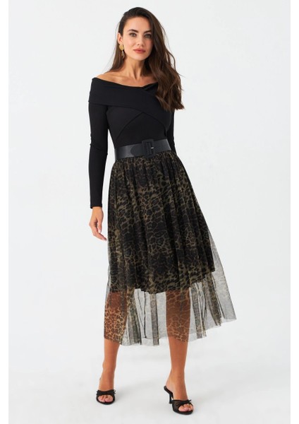 Kadın Camel-Siyah Astarlı Tül Leopar Etek SF2553 modelleri