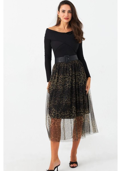 Kadın Camel-Siyah Astarlı Tül Leopar Etek SF2553 fırsatları