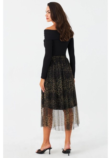 Kadın Camel-Siyah Astarlı Tül Leopar Etek SF2553 indirimleri