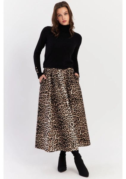Kadın Camel-Siyah Leopar Çan Etek ELA3951