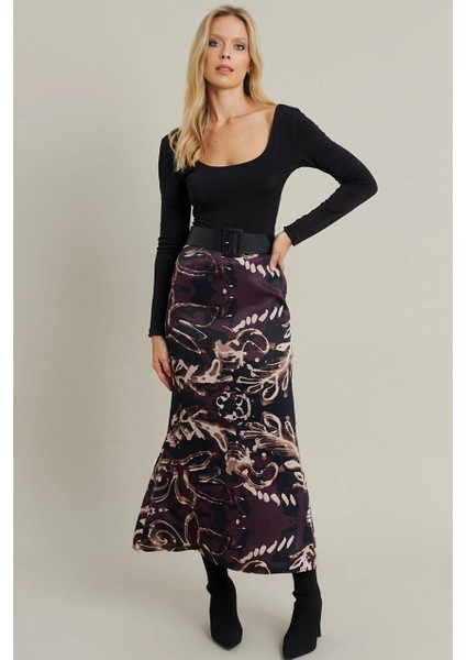 Kadın Mürdüm Desenli Saten Etek MCAR1060