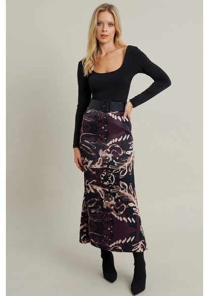 Kadın Mürdüm Desenli Saten Etek MCAR1060 indirimleri