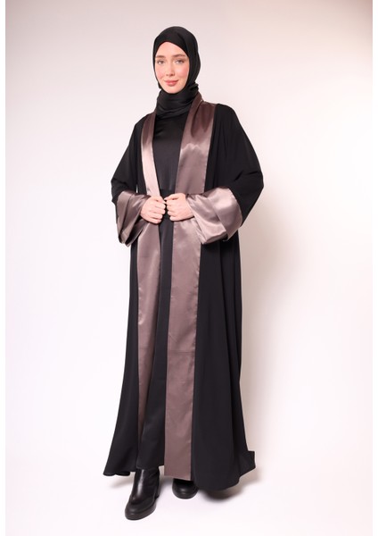 Siyah ve Kahve Saten & Ipek Detaylı Abaya-Binici Sınıf, Zarif ve Şık, Uzun Kollu, Özel Tasarım Abaya