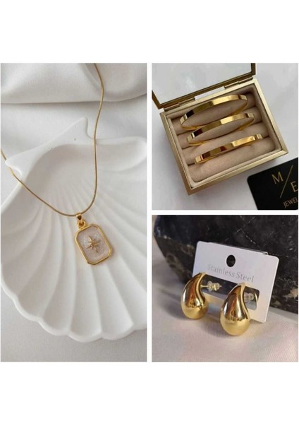 Kutup Yıldızı Kolye + 3 Lü Kalın Ajda + Botega Gold Renk Küpe Kombinli Set