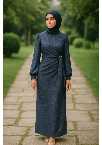 Simli Tesettür Kalem Bağlamalı Abiye Elbise