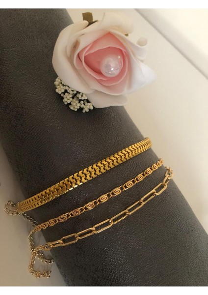 3 Lü 3 Gold Renk Altın Kaplama Kombin Bileklik Seti