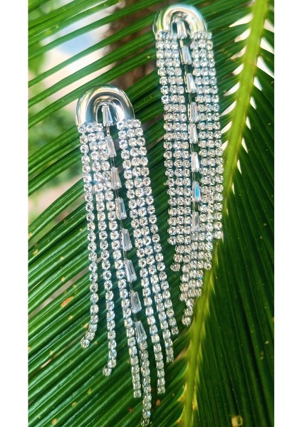 Gümüş Renk Zirkon Taşlı Lüks Abiye Küpe