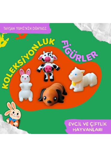 Evcil ve Çiftlik Hayvanları Koleksiyonu - 4 Parça Hareketli Eğlenceli Oyuncaklar ve Bilgilendirici Kartlar- Köpek, Kedi, Tavşan, İnek