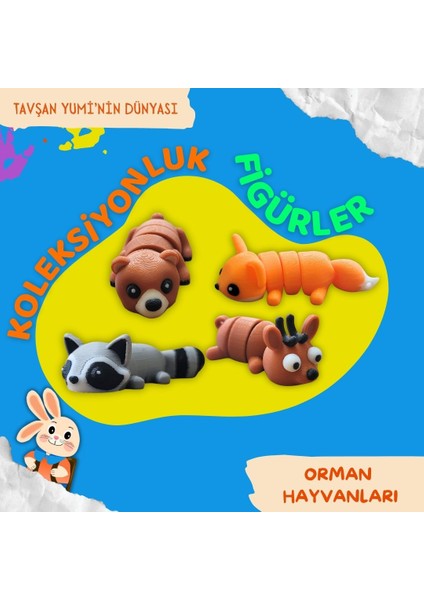 Orman Hayvanları Koleksiyonu - 4 Parça Hareketli ve Eğlenceli Oyuncaklar ve Bilgilendirici Kartlar - Geyik, Tilki, Rakun, Boz Ayı