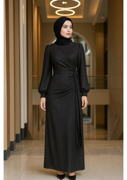 Simli Tesettür Kalem Bağlamalı Abiye Elbise
