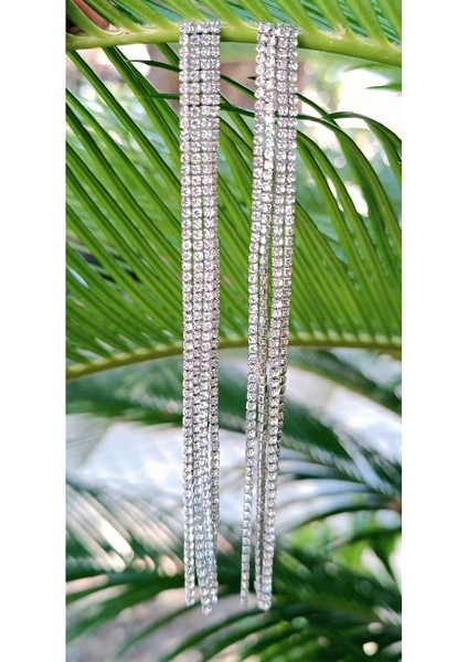 Gümüş Renk Zirkon Taşlı Lüks Abiye Küpe