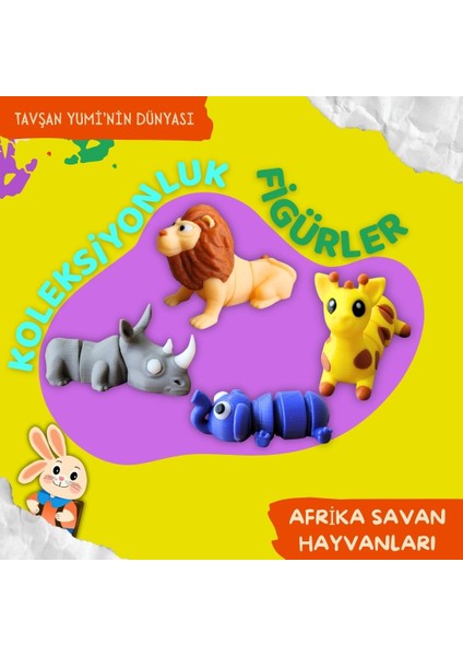 Afrika Savan Hayvanları - 4 Parça Hareketli Eğlenceli Oyuncaklar -Zürafa, Gergedan, Fil, Aslan - Anahtarlık, Çanta Aksesuarı, Oyuncak