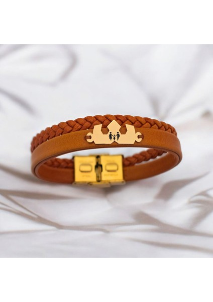 Aile Temalı Kahverengi Derili Taç Motifli 14 Ayar Altın Plakalı Hediye Bileklik-491 Sembol fiyatları