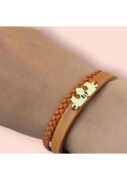 Aile Temalı Kahverengi Derili Taç Motifli 14 Ayar Altın Plakalı Hediye Bileklik-491 Sembol indirimleri