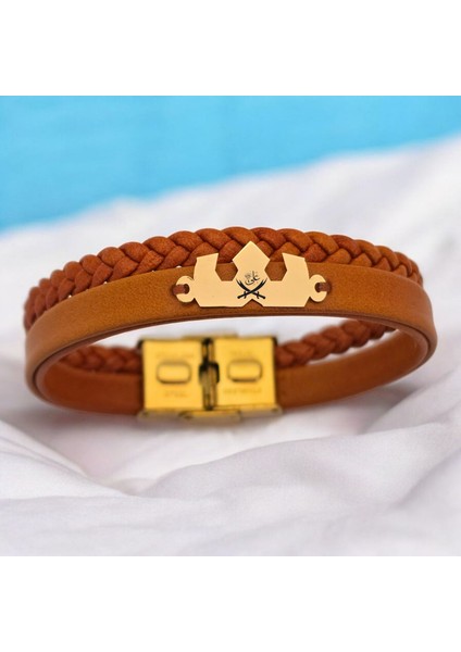 Hz Ali Temalı Kahverengi Derili Taç Motifli 14 Ayar Altın Plakalı Hediye Bileklik-491 Sembol fiyatları