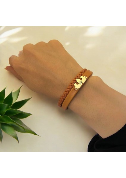 Hz Ali Temalı Kahverengi Derili Taç Motifli 14 Ayar Altın Plakalı Hediye Bileklik-491 Sembol fırsatları