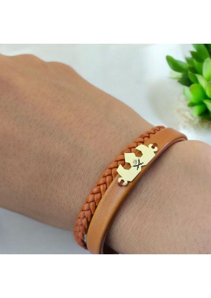 Hz Ali Temalı Kahverengi Derili Taç Motifli 14 Ayar Altın Plakalı Hediye Bileklik-491 Sembol indirimleri