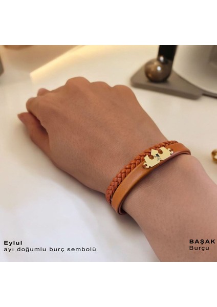 Başak Burçlarına Özel Kahverengi Derili Taç Motifli 14 Ayar Altın Plakalı Hediye Bileklik-491 Burç