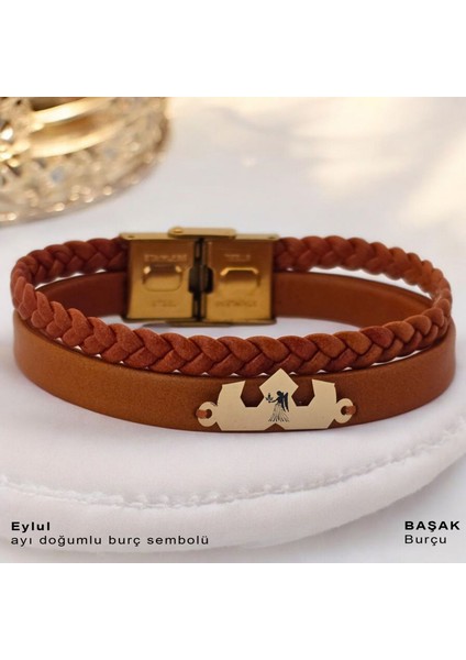 Başak Burçlarına Özel Kahverengi Derili Taç Motifli 14 Ayar Altın Plakalı Hediye Bileklik-491 Burç fiyatları