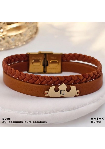 Eylül Ayı Doğumları Için Kahverengi Derili Taç Motifli 14 Ayar Altın Plakalı Hediye Bileklik-491 Ay fiyatları