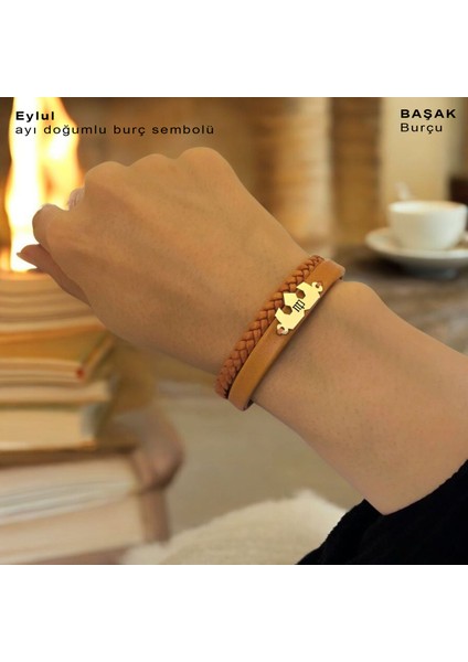 Eylül Ayı Doğumları Için Kahverengi Derili Taç Motifli 14 Ayar Altın Plakalı Hediye Bileklik-491 Ay fırsatları