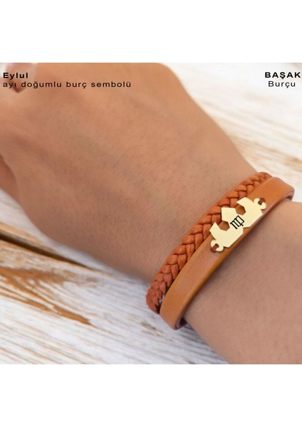 Eylül Ayı Doğumları Için Kahverengi Derili Taç Motifli 14 Ayar Altın Plakalı Hediye Bileklik-491 Ay indirimleri