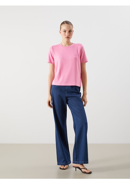 Yeni Sezon Beli Lastikli Cizgili Wideleg Kadin Jean Pantolon - S5GN68Z8