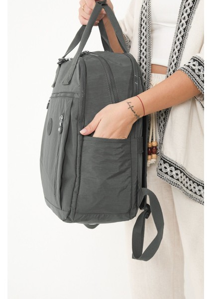 Unisex Suya Dayanıklı Krinkıl Kumaş Çok Gözlü Koyu Gri Laptop Okul ve Sırt Çantası