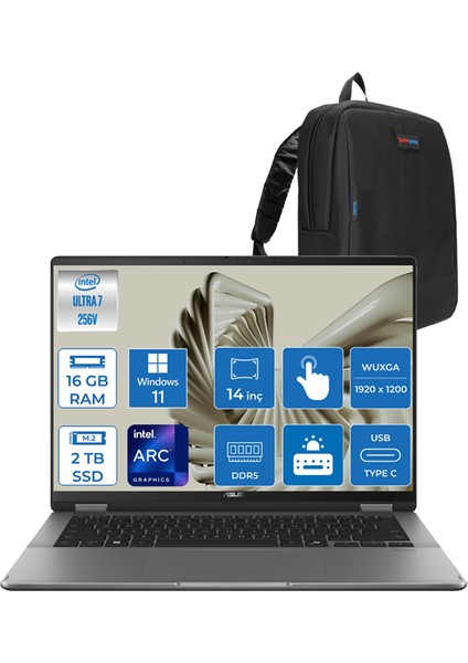 Vivobook 14 Flip Intel Core Ultra 7 256V 16GB LPDDR5X 2tb SSD Intel Arc Graphics 14.0" Wuxga OLED 400NIT Windows 11 Pro Dokunmatik Taşınabilir Bilgisayar TP3407SA03 + Zettaçanta