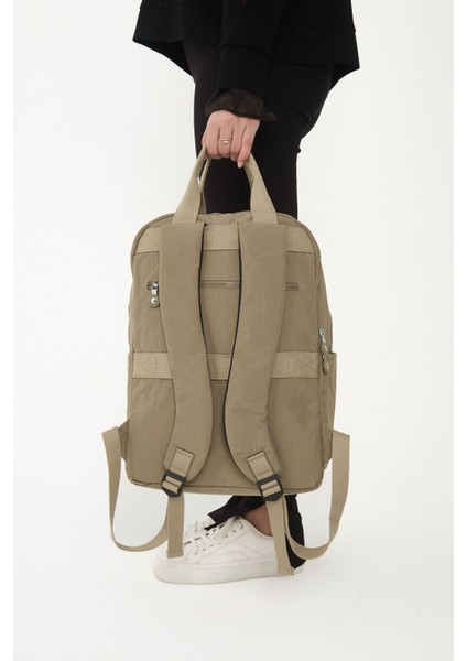 Unisex Suya Dayanıklı Krinkıl Kumaş Çok Gözlü Bej Laptop Okul ve Sırt Çantası fırsatları