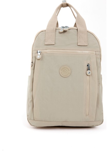 Unisex Suya Dayanıklı Krinkıl Kumaş Çok Gözlü Krem Laptop Okul ve Sırt Çantası