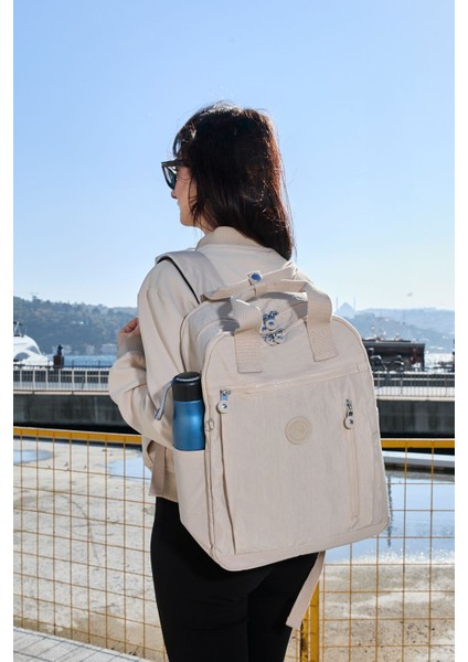 Unisex Suya Dayanıklı Krinkıl Kumaş Çok Gözlü Krem Laptop Okul ve Sırt Çantası fiyatları