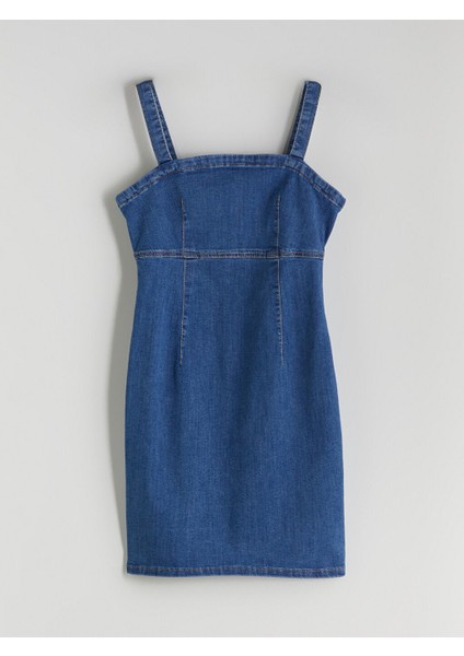 Yeni Sezon Kare Yaka Askili Mini Jean Elbise - S5FK17Z8