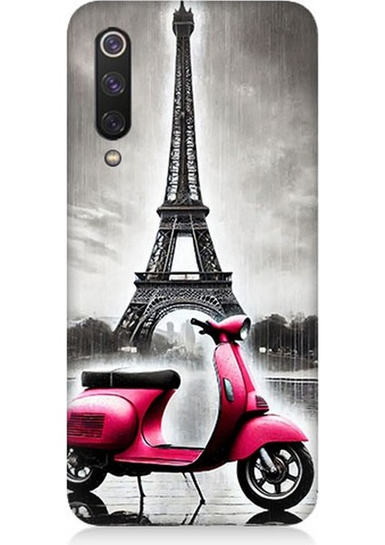 Xiaomi Mi 9 Se Uyumlu Pembe Scooter Eyfel Önü Desenli Silikon Kılıf