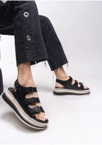 Jatay 3 Tokalı Ortopedik Siyah Kadın Sandalet