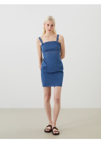 Yeni Sezon Kare Yaka Askili Mini Jean Elbise - S5FK17Z8