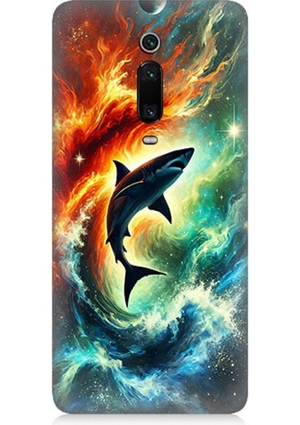 Xiaomi Mi 9t Uyumlu Ateşle Dans Eden Köpekbalığı Desenli Silikon Kılıf