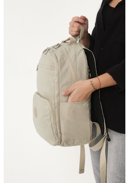 Unisex Suya Dayanıklı Orta Boy Krinkıl Kumaş Çok Gözlü Krem Laptop Okul ve Seyahat Sırt Çantası modelleri