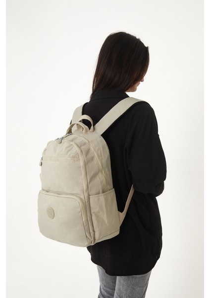 Unisex Suya Dayanıklı Orta Boy Krinkıl Kumaş Çok Gözlü Krem Laptop Okul ve Seyahat Sırt Çantası indirimleri