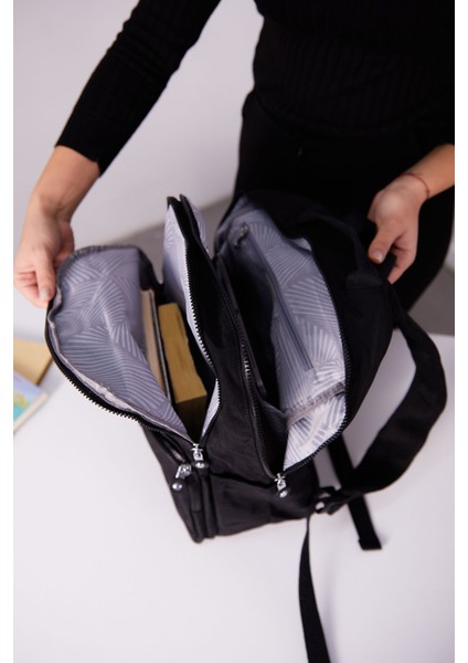 Unisex Suya Dayanıklı Orta Boy Krinkıl Kumaş Çok Gözlü Bej Laptop Okul ve Seyahat Sırt Çantası