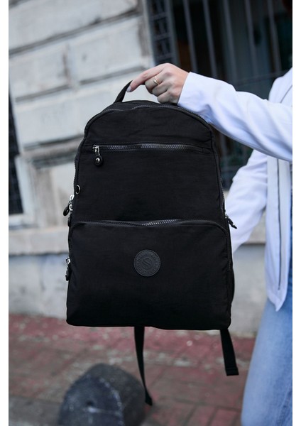 Unisex Suya Dayanıklı Orta Boy Krinkıl Kumaş Çok Gözlü Siyah Laptop Okul ve Seyahat Sırt Çantası modelleri