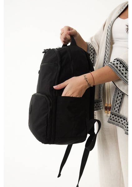 Unisex Suya Dayanıklı Orta Boy Krinkıl Kumaş Çok Gözlü Siyah Laptop Okul ve Seyahat Sırt Çantası