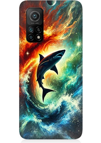 Xiaomi Mi 10T Uyumlu Ateşle Dans Eden Köpekbalığı Desenli Silikon Kılıf