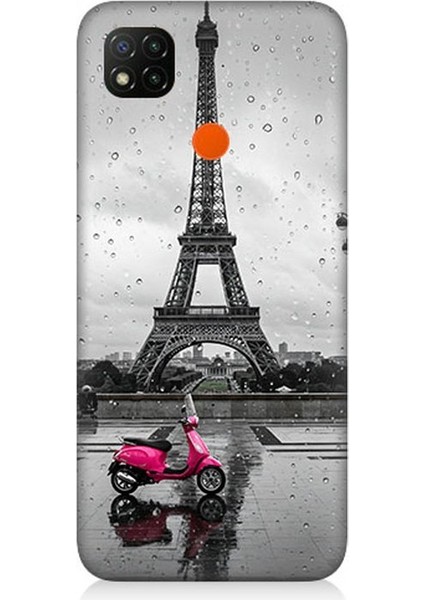 Xiaomi Redmi 9c Uyumlu Yağmurda Eyfel ve Scooter Desenli Silikon Kılıf