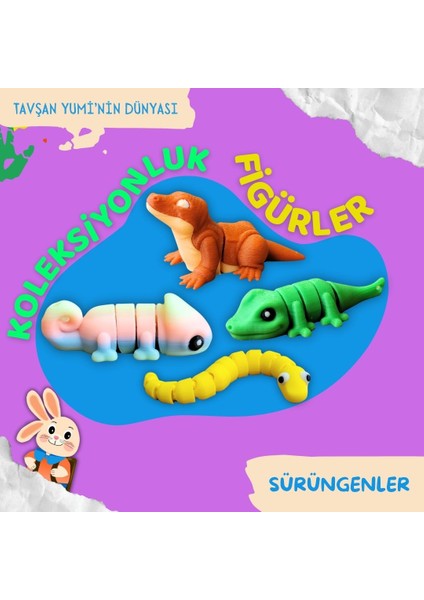 Sürüngenler Koleksiyonu - 4 Parça Hareketli Eğlenceli Oyuncaklarve Bilgilendirici Kartlar- Yılan- Komodo Ejderi -Bukalemun - Geko -