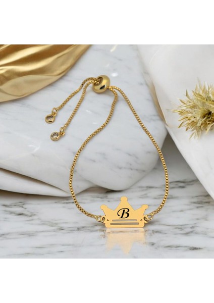 B Harfine Özel Taç Figürlü 14 Ayar Altın Plakalı Zincirli Hediye Bileklik-492Harf fiyatları