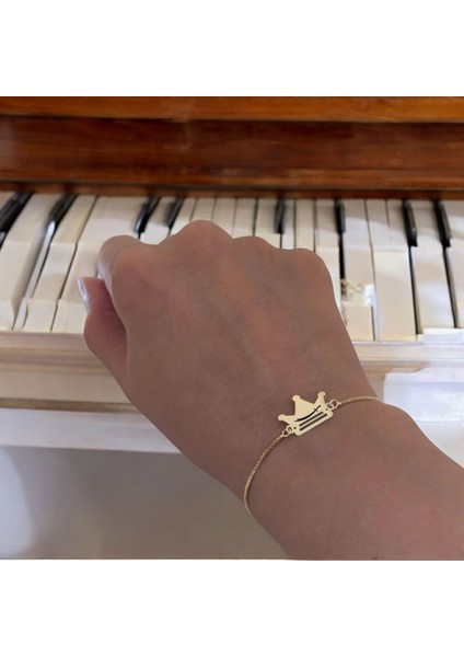 Zülfikar Temalı 14 Ayar Altın Plakalı Zincirli Taç Figürlü Hediye Bileklik-492SEMBOL